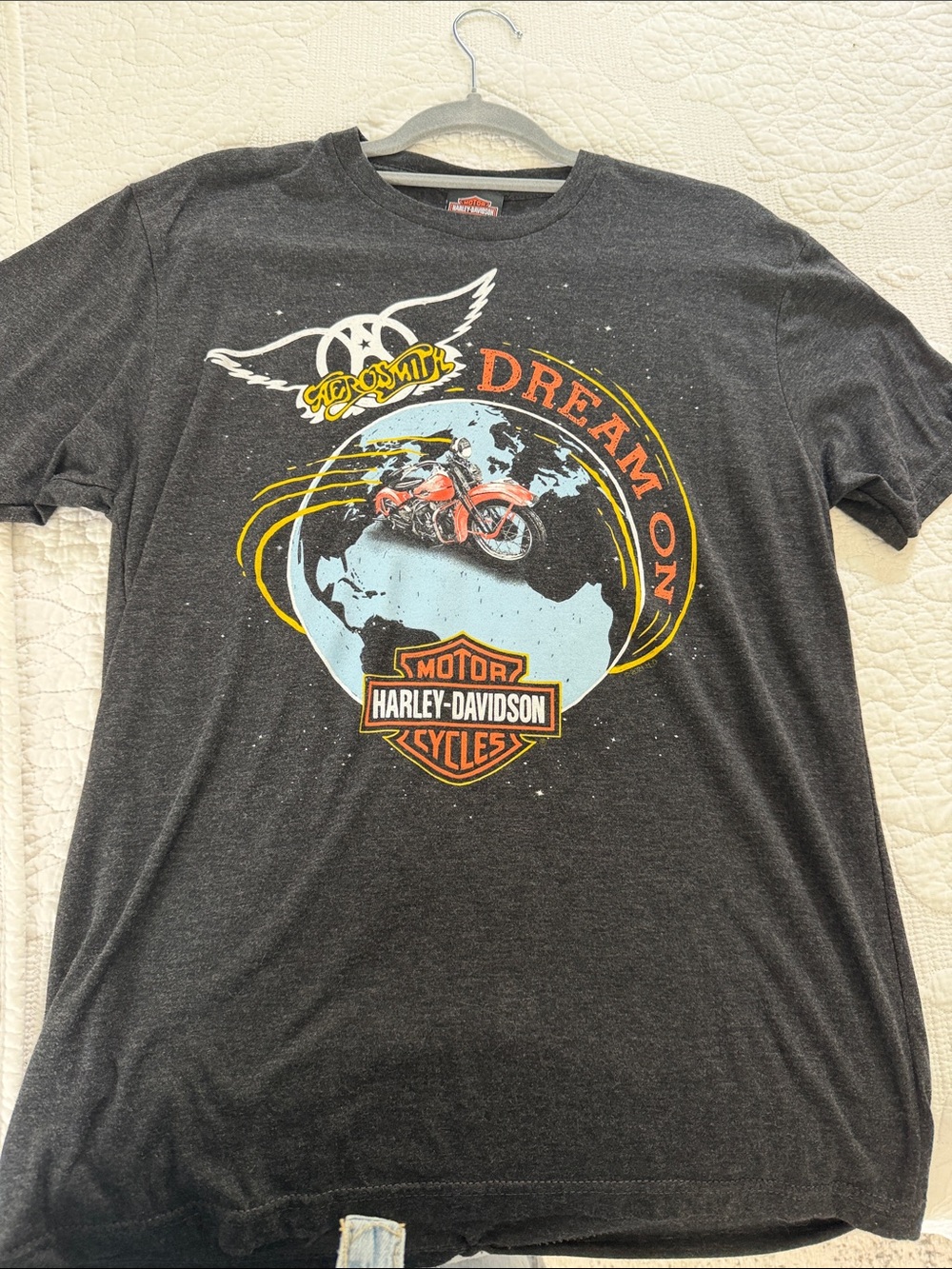 Harley-Davidson Aerosmith Black Tee with Red Motorcycle Globe Graphic